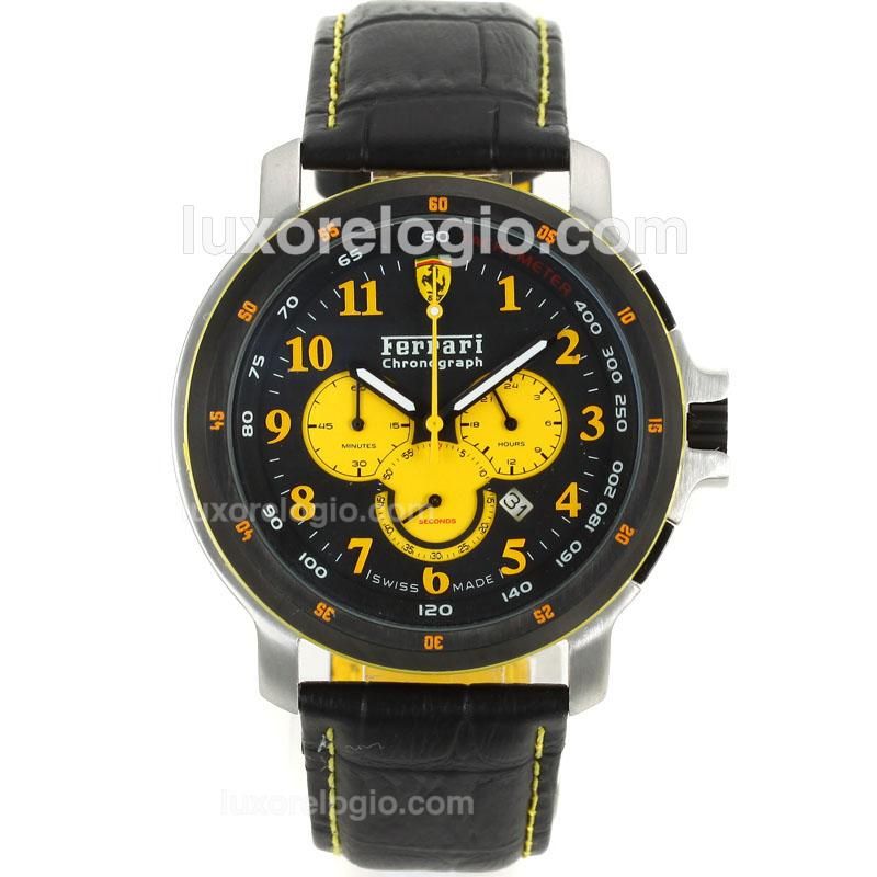 Ferrari Working Chronograph PVD Bezel with Black Dial-Leather Strap