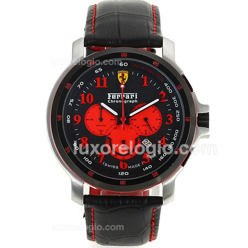 Ferrari Working Chronograph PVD Bezel with Black Dial-Leather Strap