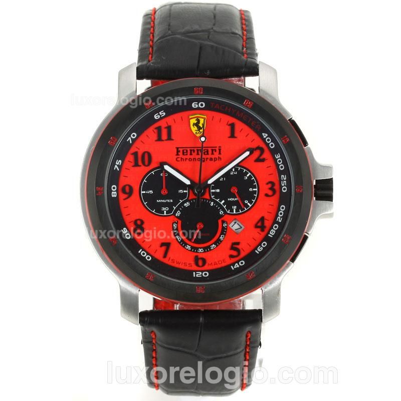 Ferrari Working Chronograph PVD Bezel with Red Dial-Leather Strap