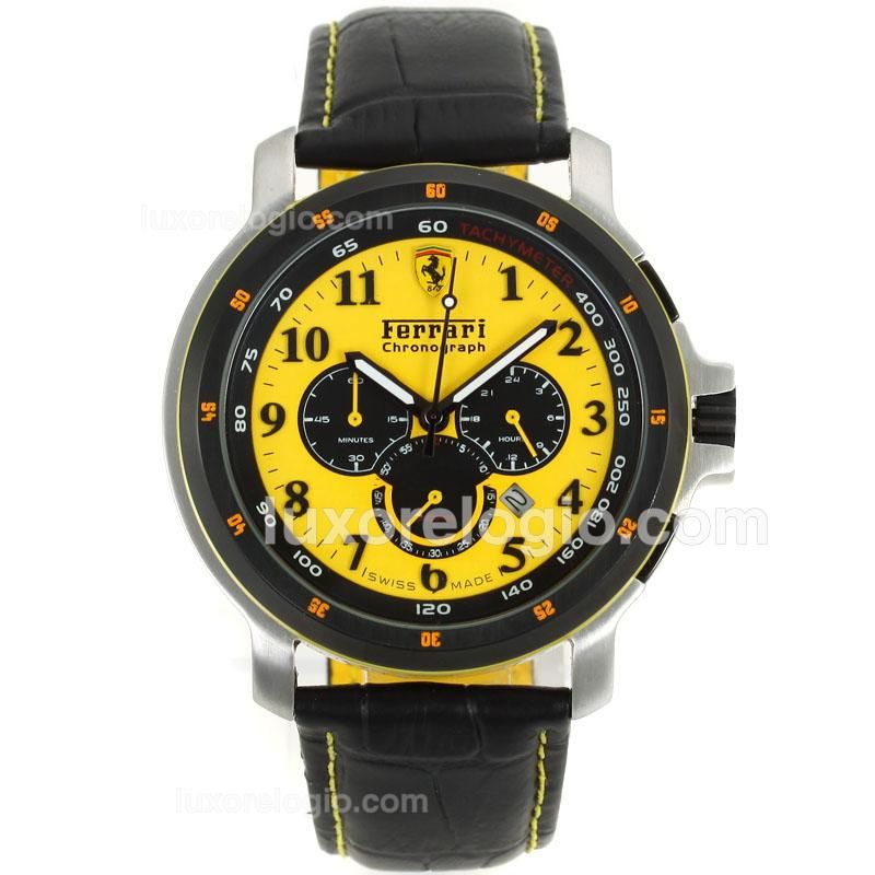 Ferrari Working Chronograph PVD Bezel with Yellow Dial-Leather Strap