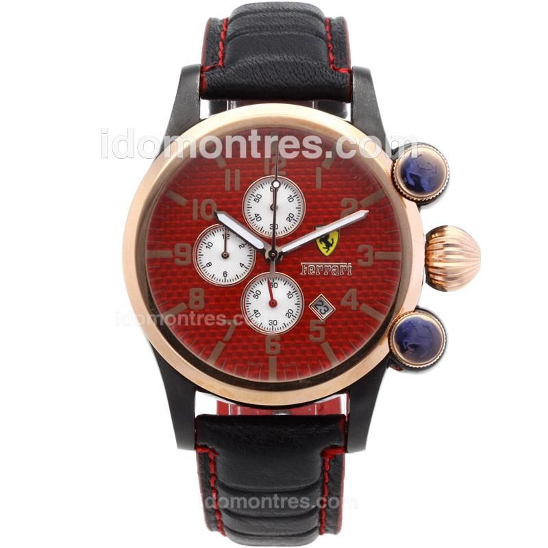 Ferrari Working Chronograph PVD Case Rose Gold Bezel with Red Carbon Fibre Style Dial-Leather Strap
