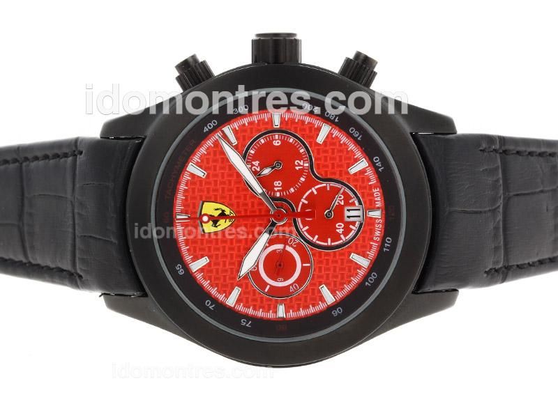 Ferrari Working Chronograph PVD Case with Red Carbon Fibre Style Dial-Leather Strap