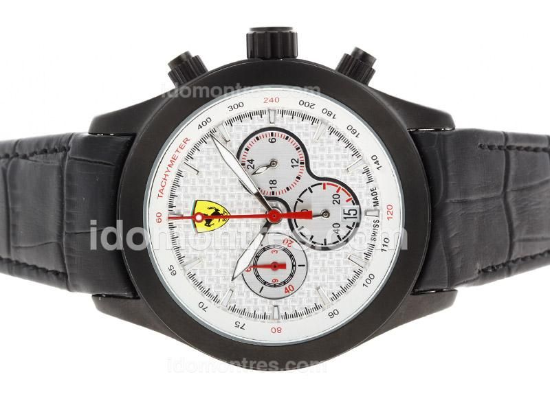 Ferrari Working Chronograph PVD Case with White Carbon Fibre Style Dial-Leather Strap