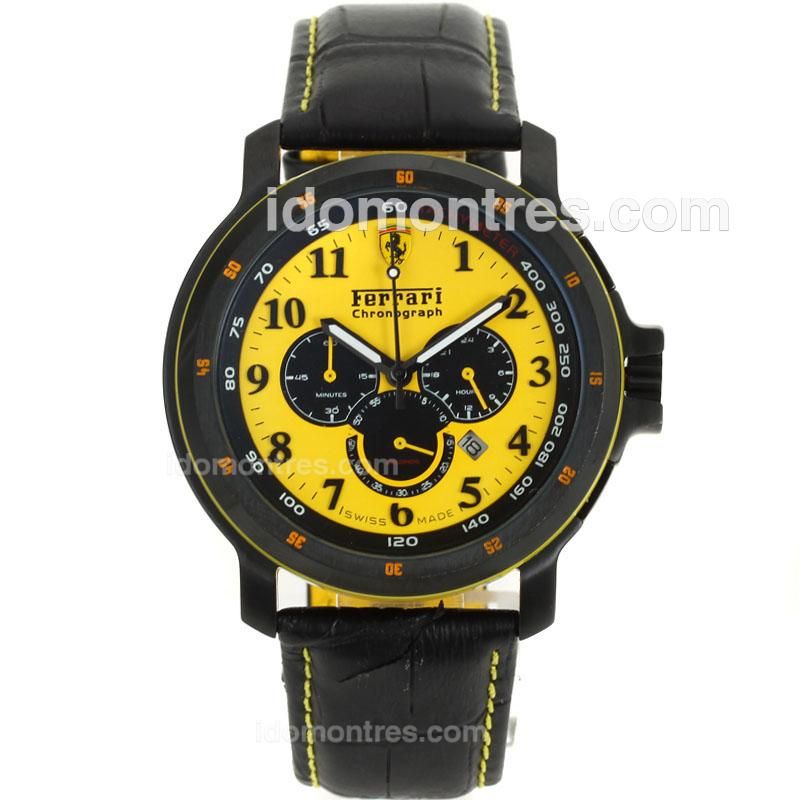 Ferrari Working Chronograph PVD Case with Yellow Dial-Leather Strap