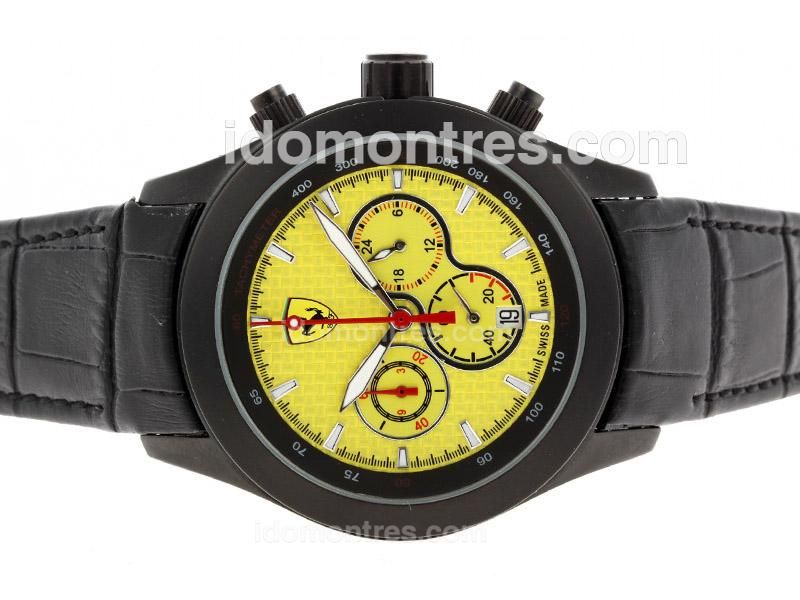 Ferrari Working Chronograph PVD Case with Yellow Carbon Fibre Style Dial-Leather Strap