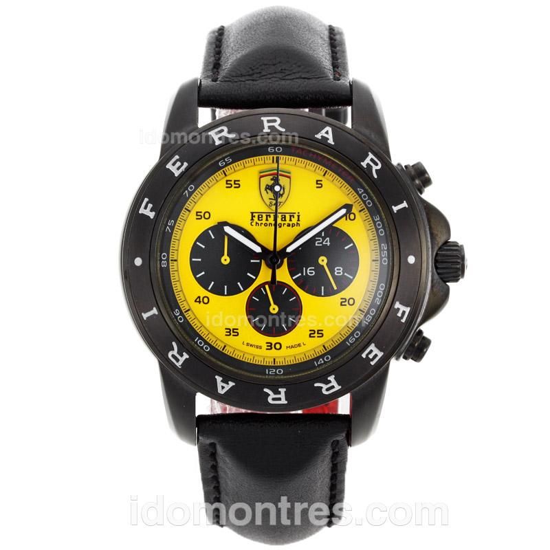 Ferrari Working Chronograph PVD Case with Yellow Dial-Leather Strap