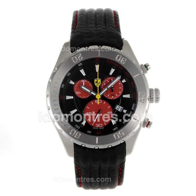 Ferrari Working Chronograph Red Subdials with Black Dial-Leather Strap