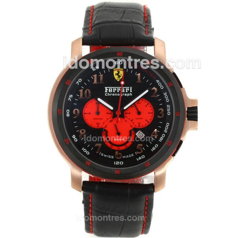 Ferrari Working Chronograph Rose Gold Case PVD Bezel with Black Dial-Leather Strap