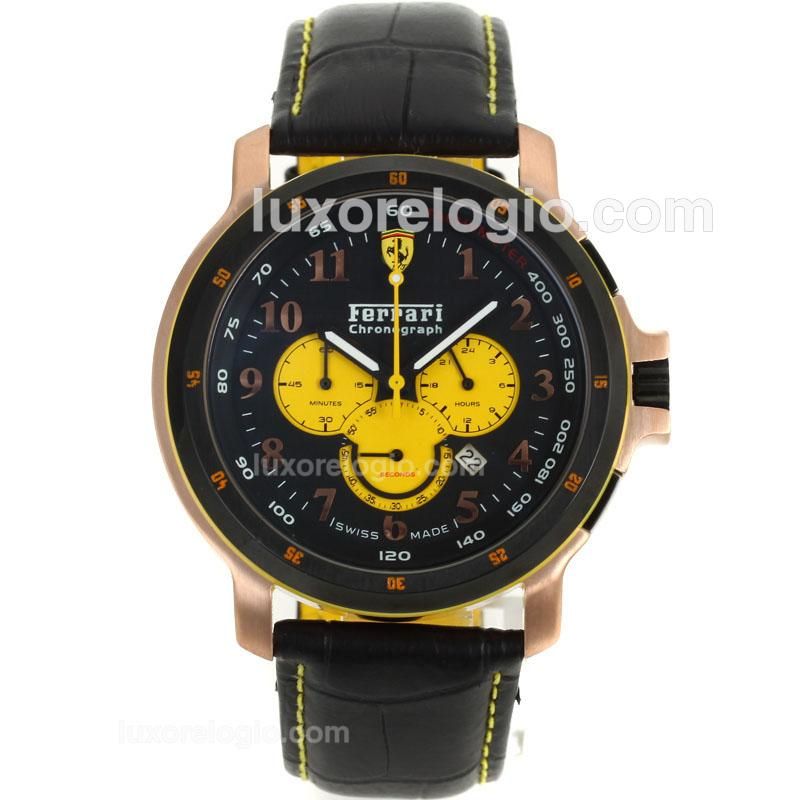 Ferrari Working Chronograph Rose Gold Case PVD Bezel with Black Dial-Leather Strap