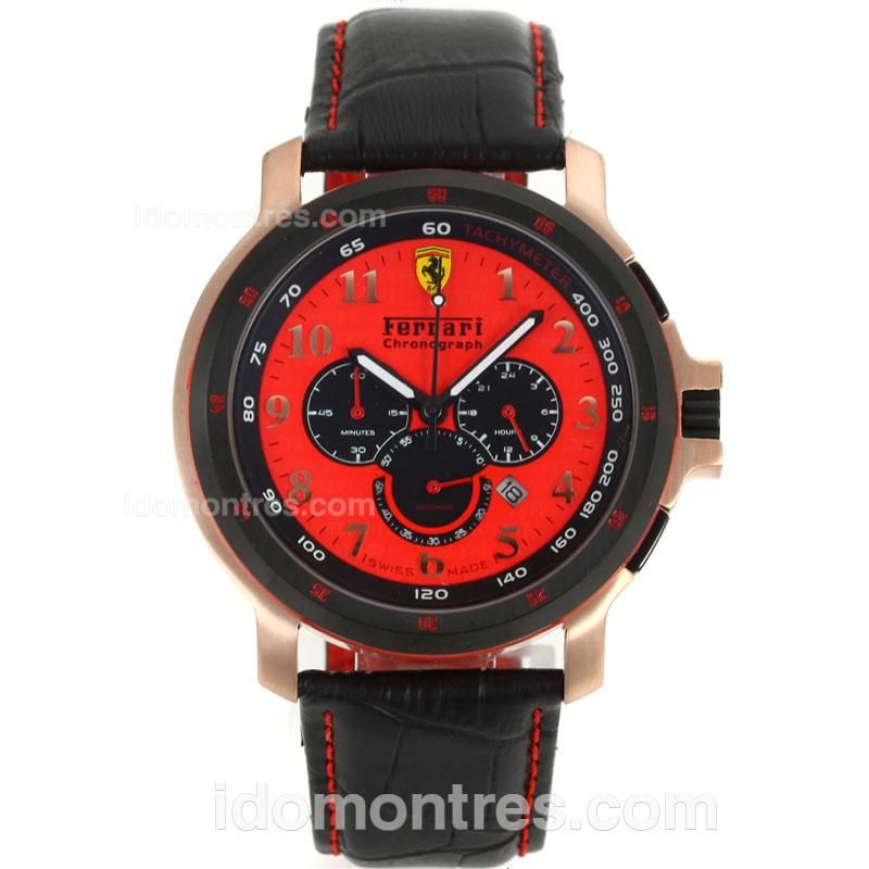 Ferrari Working Chronograph Rose Gold Case PVD Bezel with Red Dial-Leather Strap