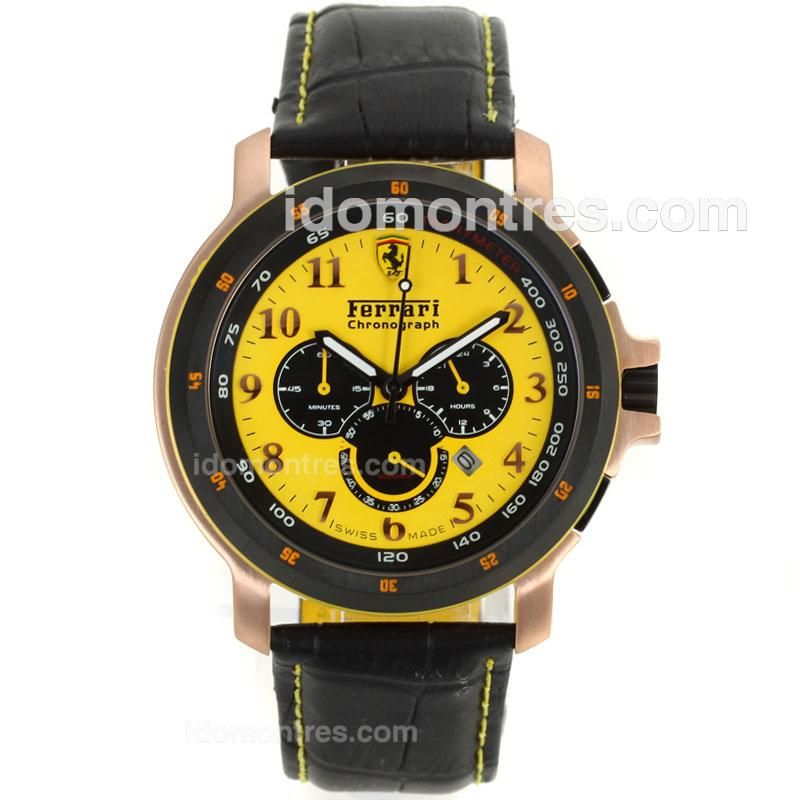 Ferrari Working Chronograph Rose Gold Case PVD Bezel with Yellow Dial-Leather Strap