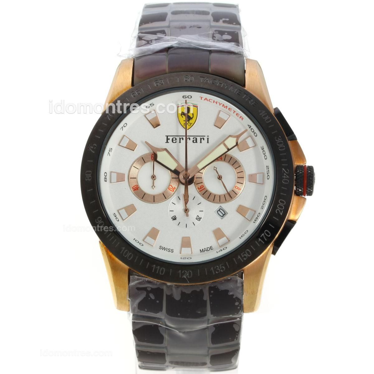 Ferrari Working Chronograph Rose Gold Case PVD Strap with White Dial