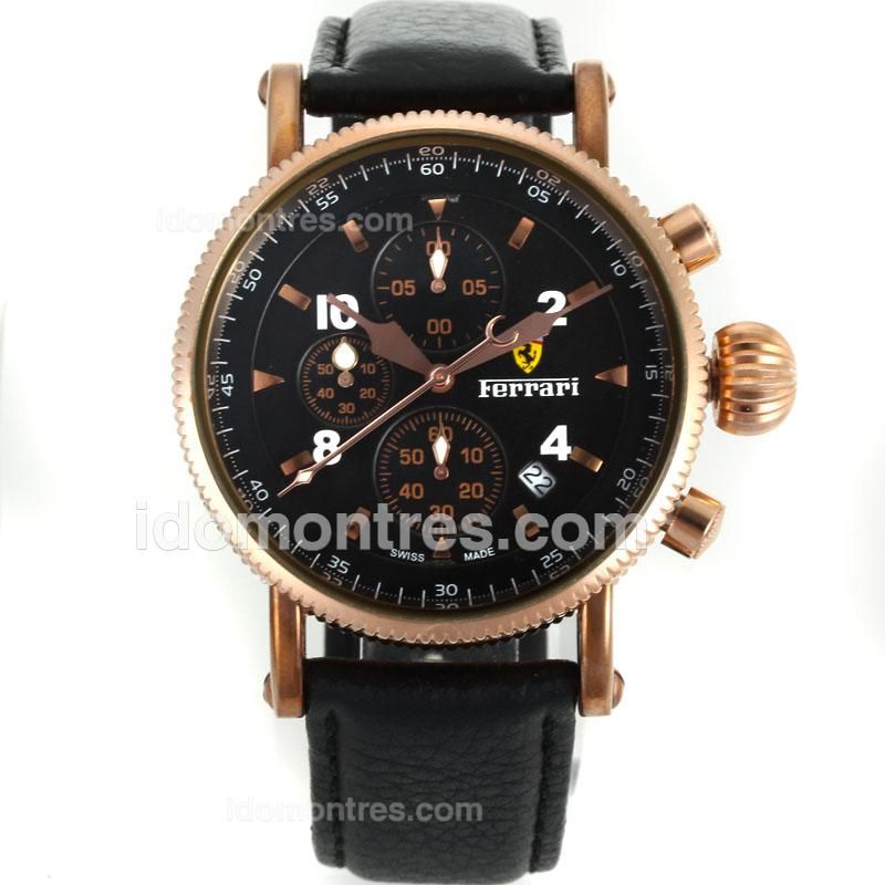 Ferrari Working Chronograph Rose Gold Case with Black Dial-Leather Strap