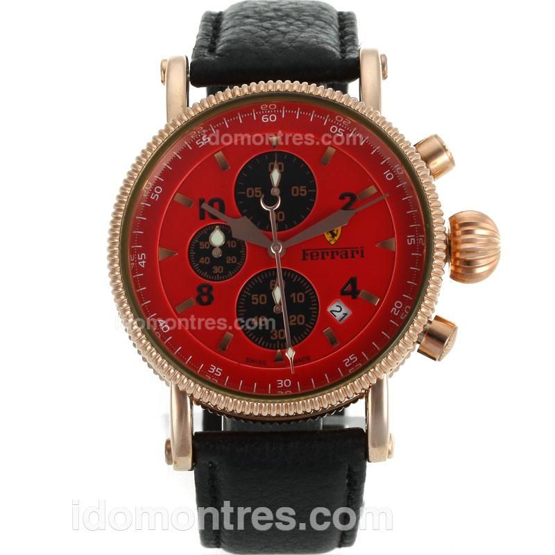 Ferrari Working Chronograph Rose Gold Case with Red Dial-Leather Strap