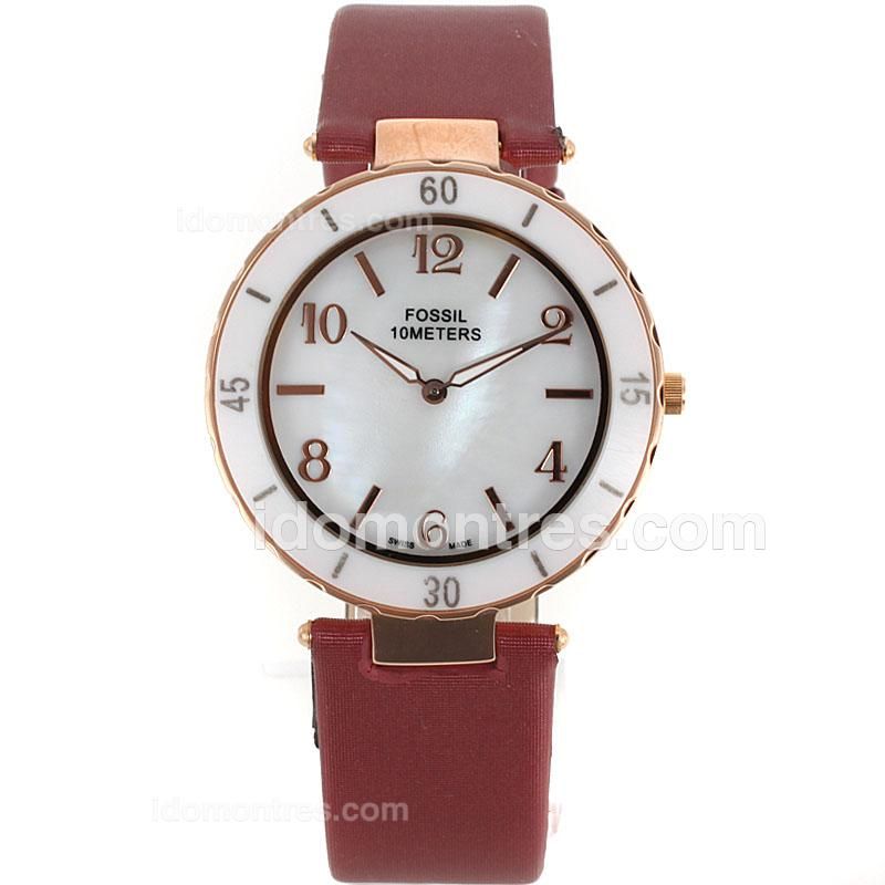 Fossil Sport Rose Gold Case White Bezel with MOP Dial-Red Leather Strap