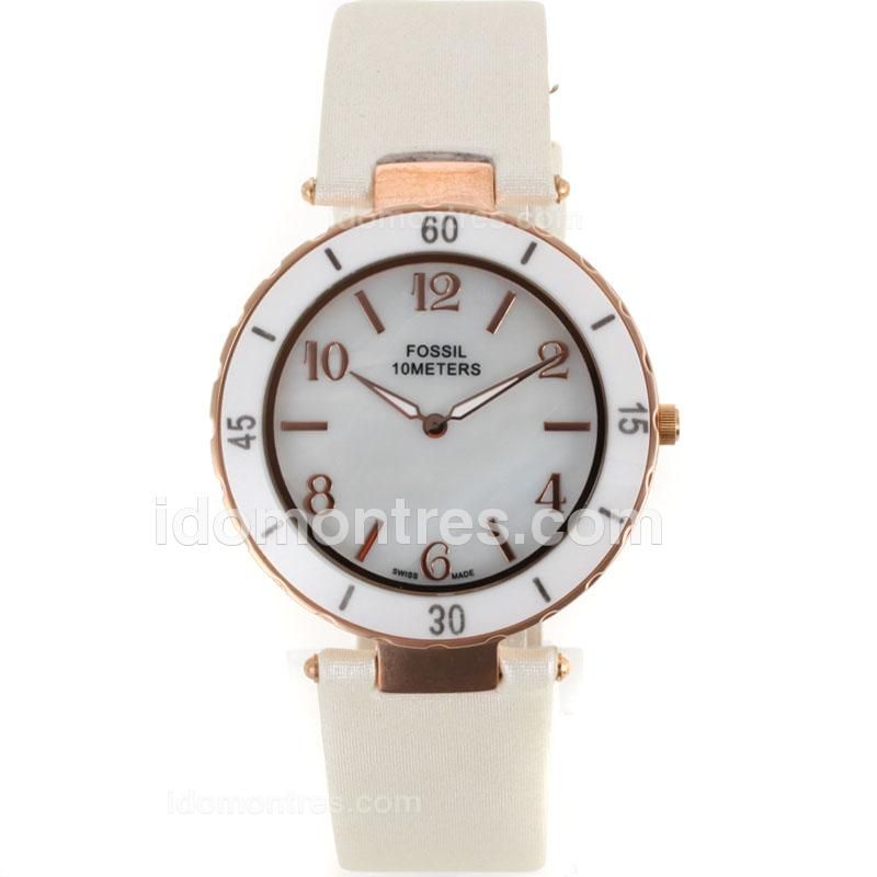 Fossil Sport Rose Gold Case White Bezel with MOP Dial-White Leather Strap