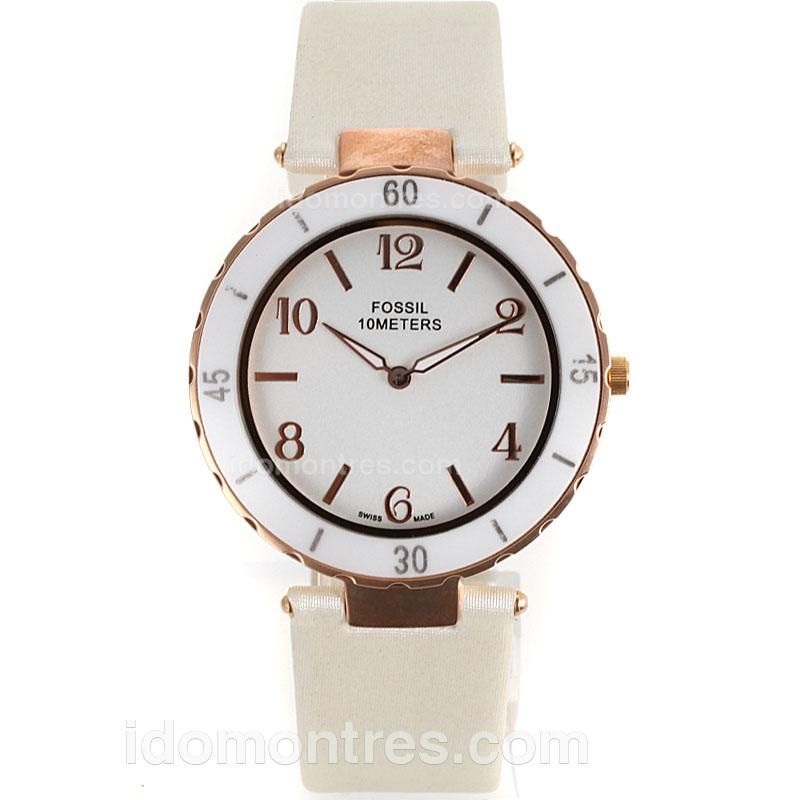 Fossil Sport Rose Gold Case White Bezel with White Dial-White Leather Strap