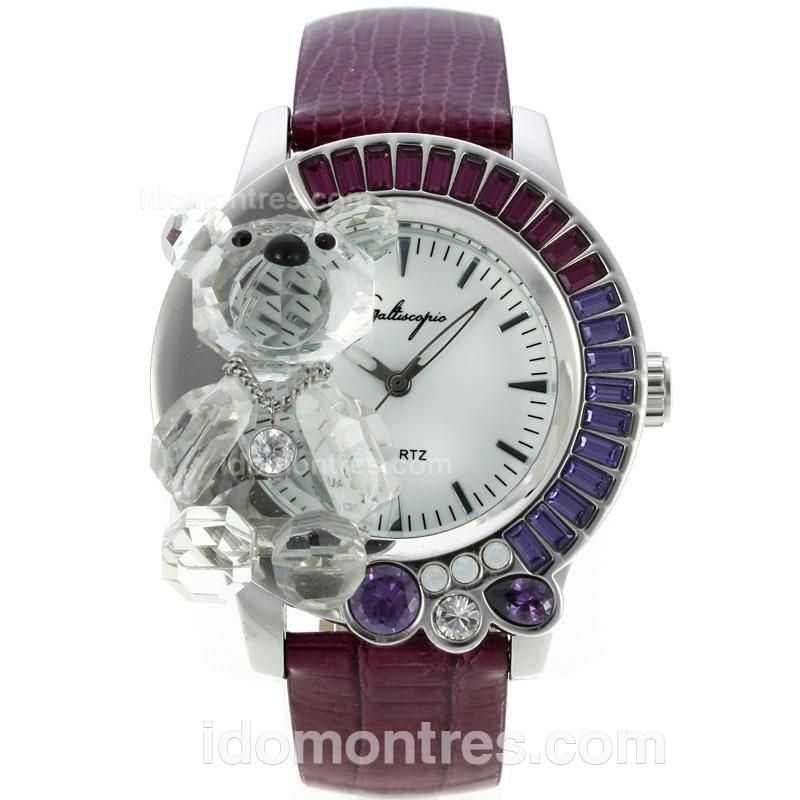 Galtiscopio Crystal Bear Purple CZ Diamond Bezel with White Dial-Purple Leather Strap