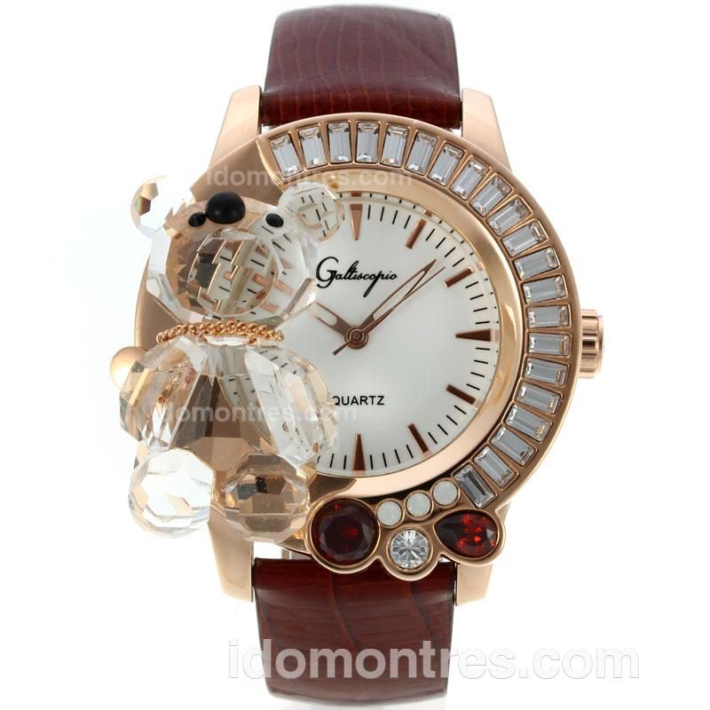 Galtiscopio Crystal Bear Rose Gold Case CZ Diamond Bezel with White Dial-Brown Leather Strap