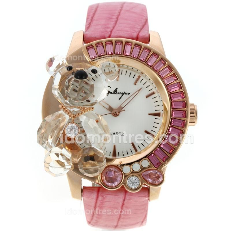 Galtiscopio Crystal Bear Rose Gold Case CZ Diamond Bezel with White Dial-Pink Leather Strap