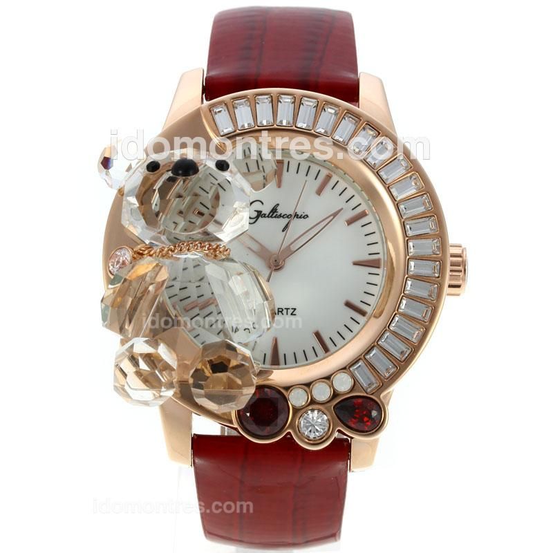 Galtiscopio Crystal Bear Rose Gold Case CZ Diamond Bezel with White Dial-Red Leather Strap