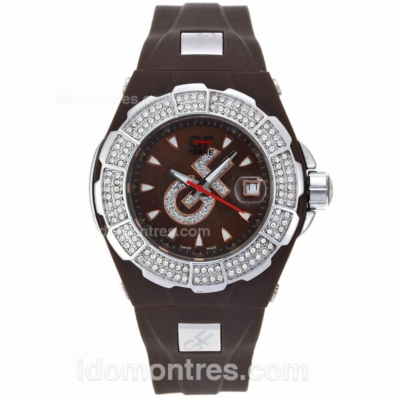 GF FERRE Diamond Bezel with Brown Dial-Brown Rubber Strap