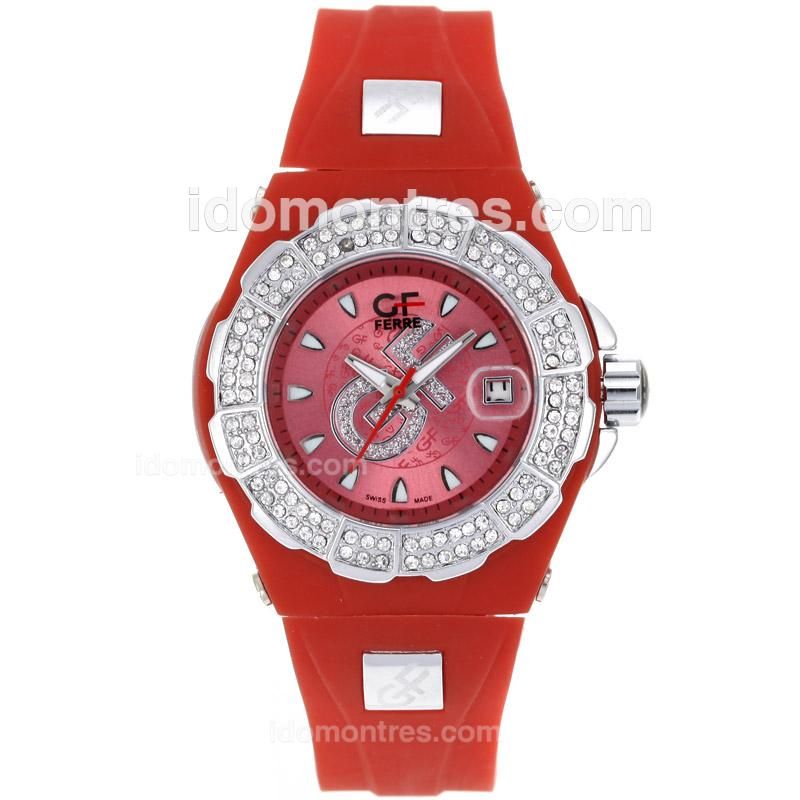 GF FERRE Diamond Bezel with Red Dial-Red Rubber Strap