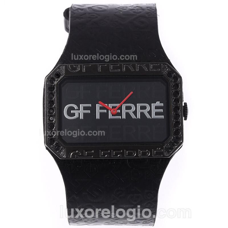 GF FERRE PVD Case Diamond Bezel with Black Dial-Leather Strap