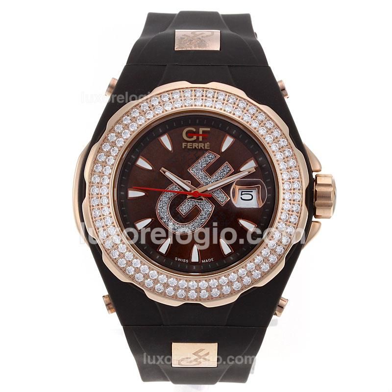 GF FERRE Rose Gold Case Diamond Bezel with Brown Dial-Rubber Strap