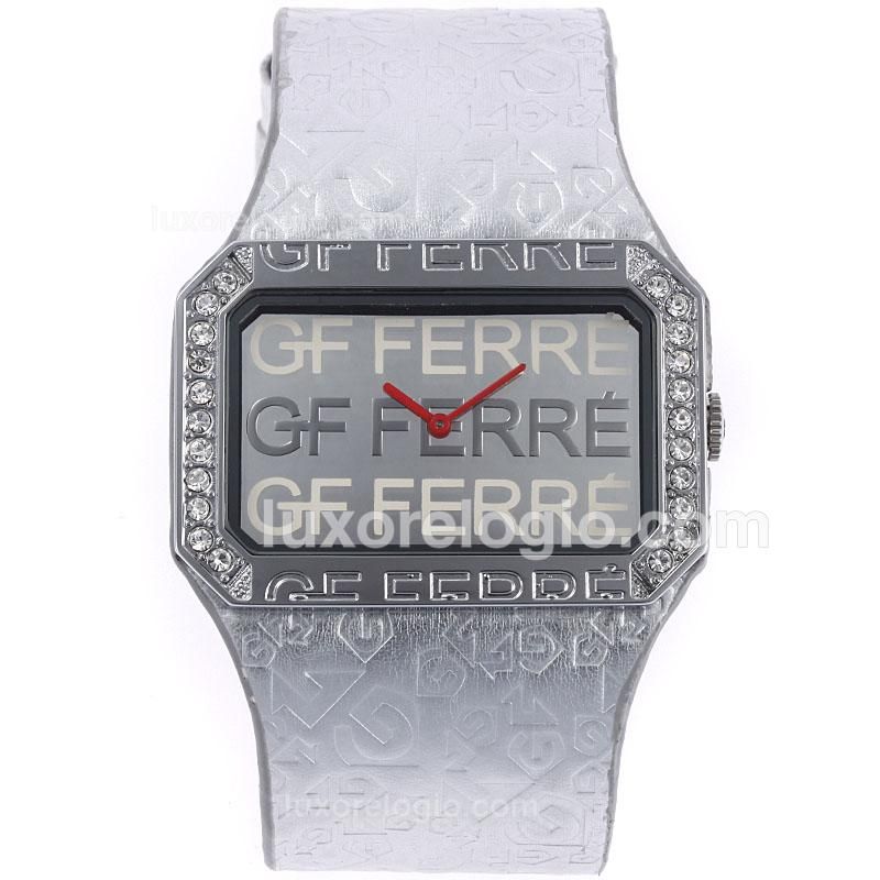 GF FERRE Diamond Bezel with Silver Dial-Leather Strap