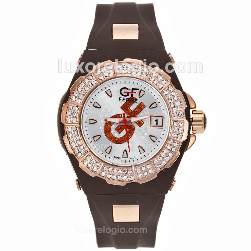 GF FERRE Rose Gold Case Diamond Bezel with Silver Dial-Brown Rubber Strap