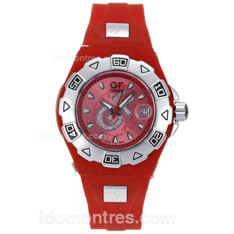 GF FERRE Silver Case with Red Dial-Red Rubber Strap
