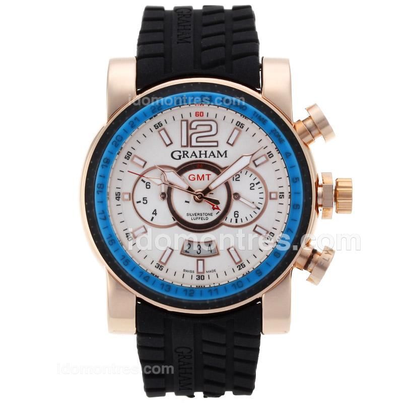 Graham Chronofighter Oversize Automatic Rose Gold Case Blue Bezel with White Dial-Rubber Strap