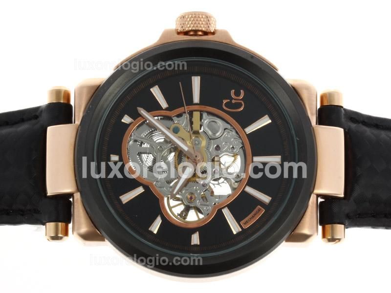 Guess Classic Automatic Rose Gold Case PVD Bezel with Skeleton Dial-Leather Strap