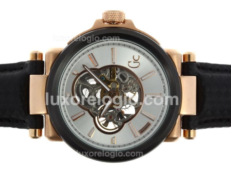 Guess Classic Automatic Rose Gold Case PVD Bezel with Skeleton Dial-Leather Strap