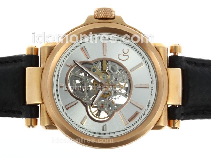 Guess Classic Automatic Rose Gold Case with Skeleton Dial-Leather Strap