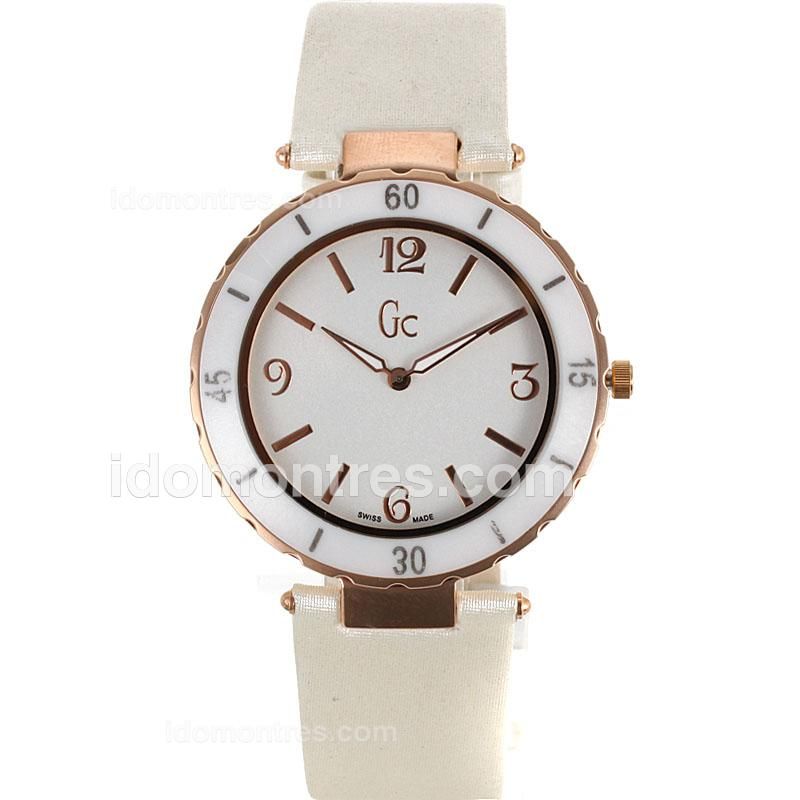 Guess Classic Rose Gold Case White Bezel with White Dial-White Leather Strap