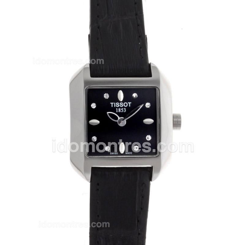 Tissot Classic Diamond/Stick Markers Black Dial with Leather Strap-Lady Size