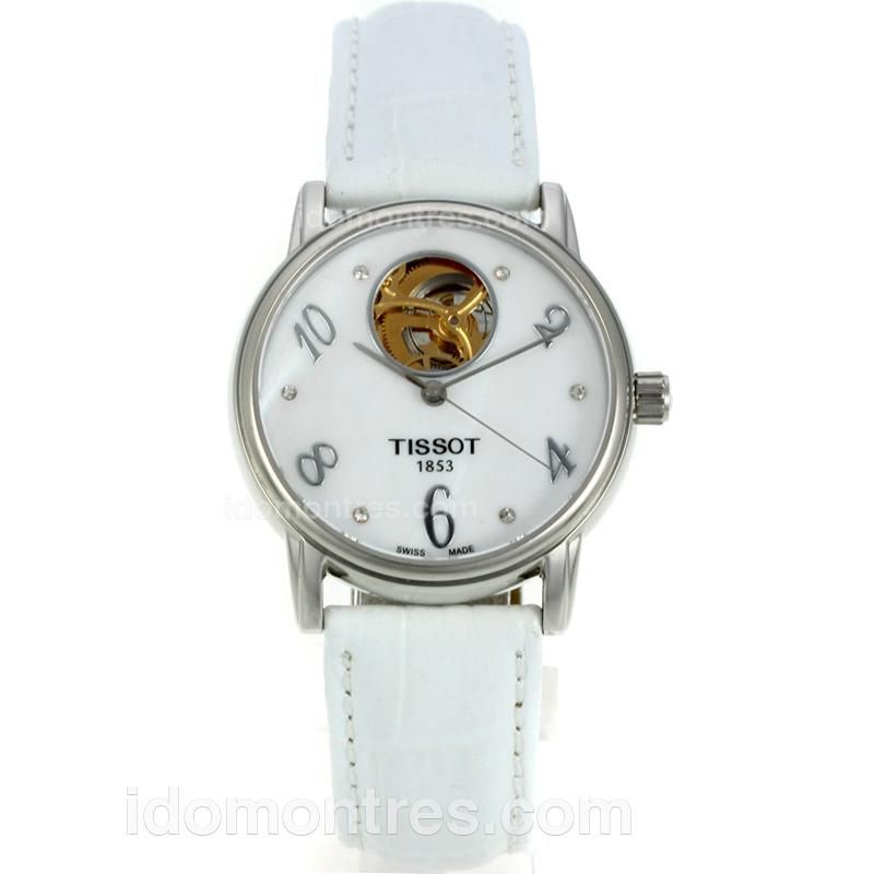 Tissot Classic Lady Heart Automatic White Dial with White Leather Strap-18K Gold Plated Movement