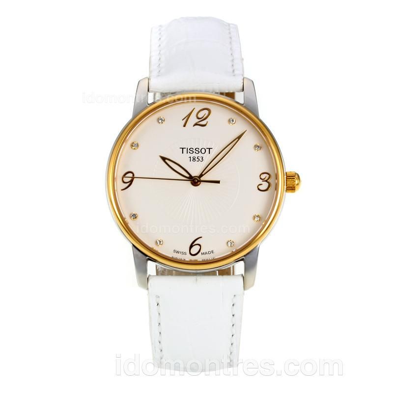 Tissot Classic Yellow Gold Case with White Dial-White Leather Strap