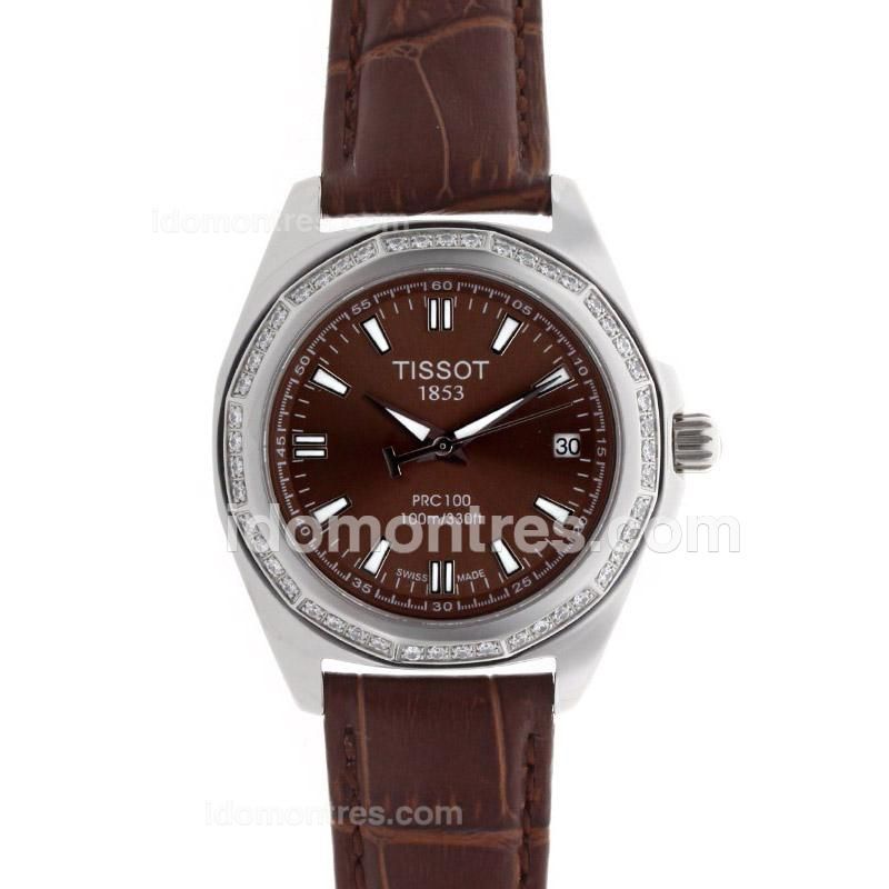 Tissot PRC100 Diamond Bezel Brown Dial with Leather Strap-Lady Size