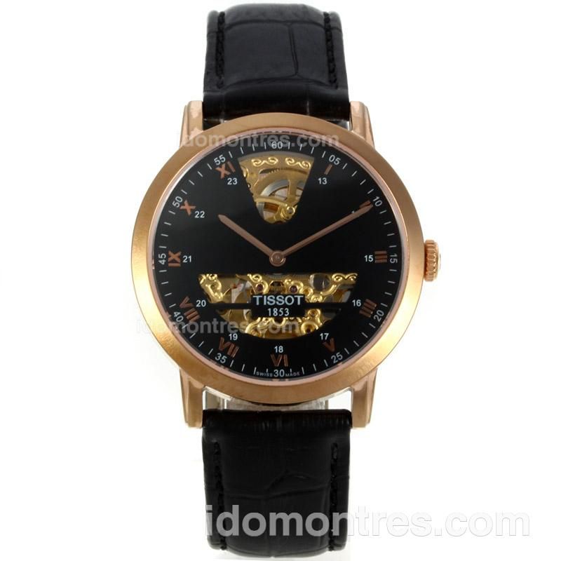 Tissot Sculpture Line Skeleton Automatic Rose Gold Case with Black Dial-18K Gold Plated Movement