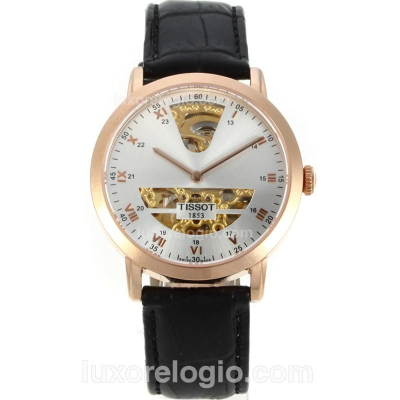 Tissot Sculpture Line Skeleton Automatic Rose Gold Case with White Dial-18K Gold Plated Movement