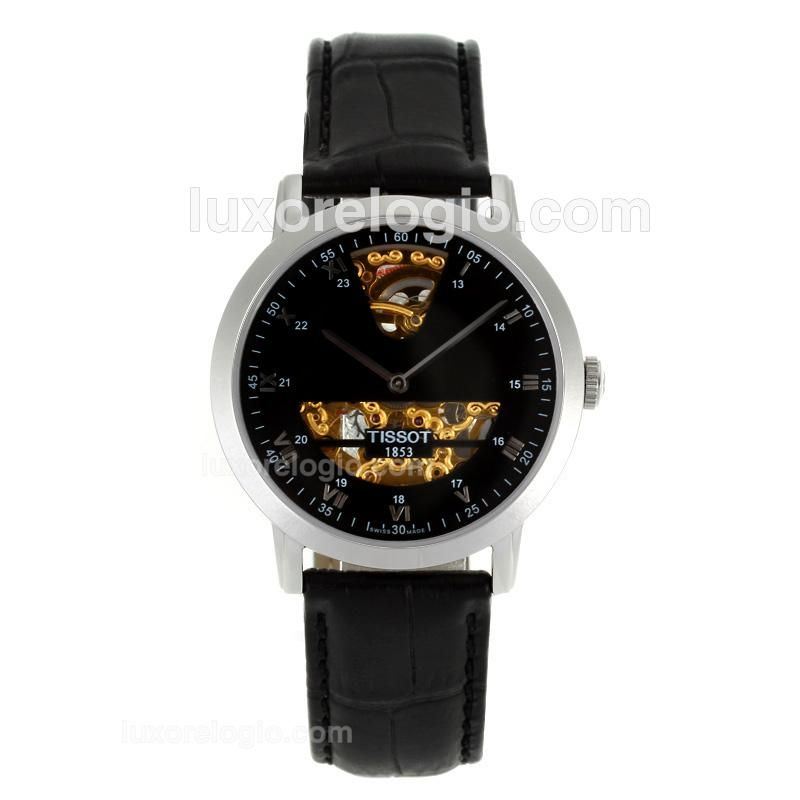 Tissot Sculpture Line Skeleton Automatic Silver Roman Marker with Black Dial-18K Plated Gold Movement