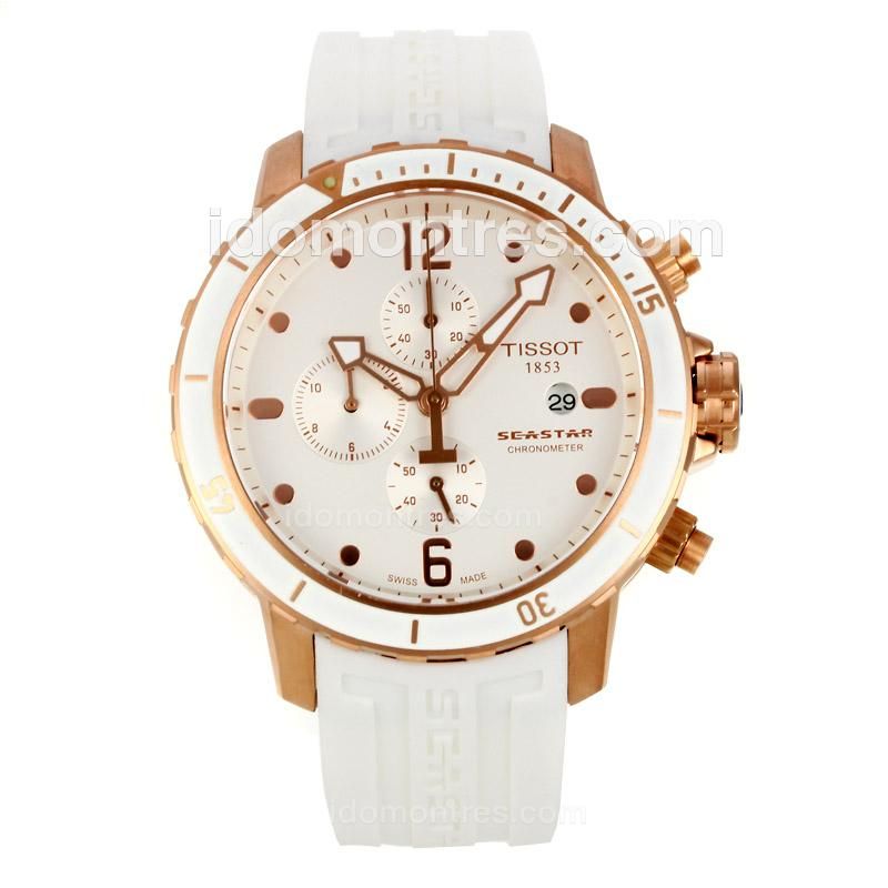 Tissot Seastar Working Chronograph Rose Gold Case with White Dial-Rubber Strap