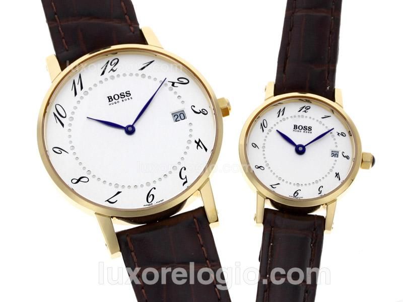 Hugo Boss Gold Case Number Markers White Dial with Leather Strap-Couple Watch