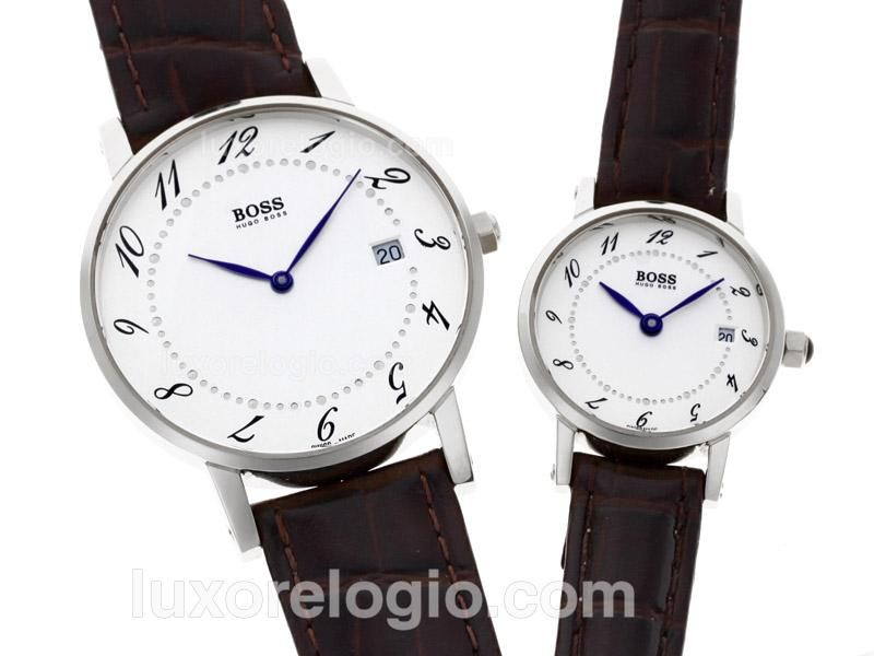 Hugo Boss Number Markers White Dial with Leather Strap-Couple Watch