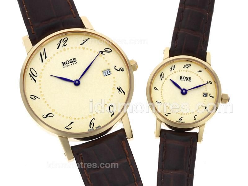 Hugo Boss Gold Case Number Markers Yellow Dial with Leather Strap-Couple Watch