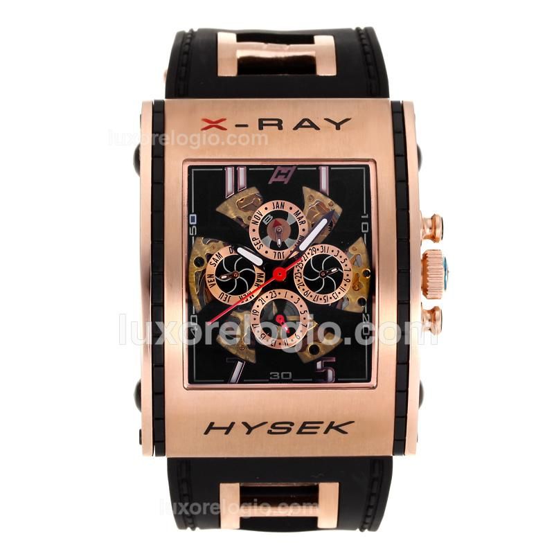 HYSEK Automatic Rose Gold Case with Black Skeleton Dial-Rubber Strap