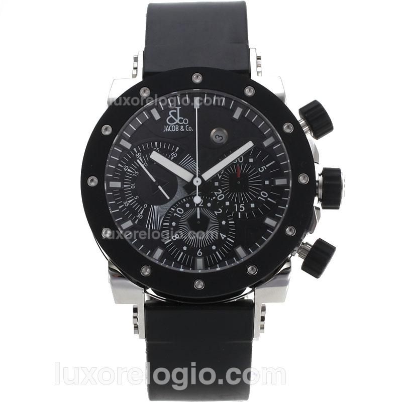 Jacob & Co Classic Chronograph Swiss Valjoux 7750 Movement PVD Case with Black Dial-Rubber Strap